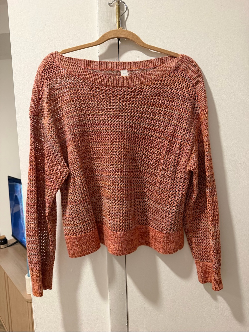 Old Navy Open-Knit Coral Multi-Color Crewneck Sweater